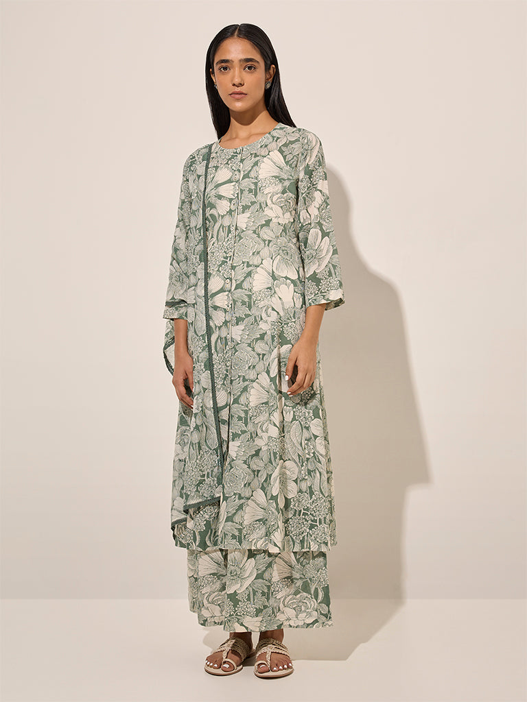 Zuba Green Floral Printed A-Line Kurta