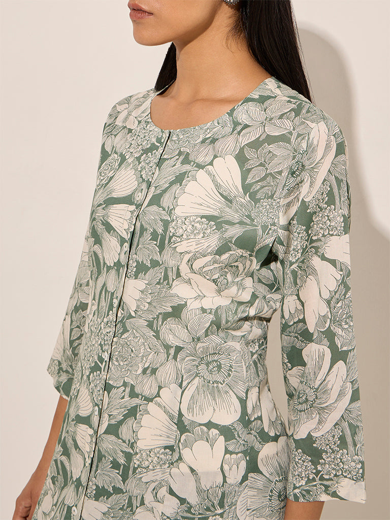 Zuba Green Floral Printed A-Line Kurta