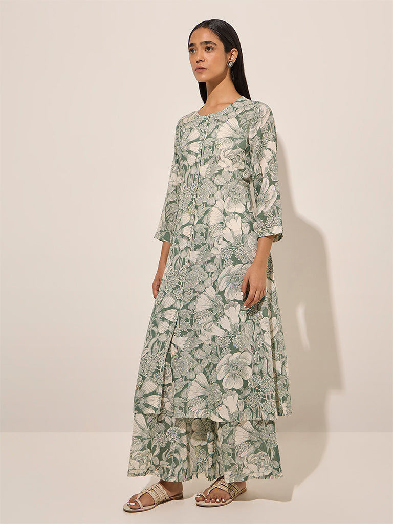 Zuba Green Floral Printed A-Line Kurta