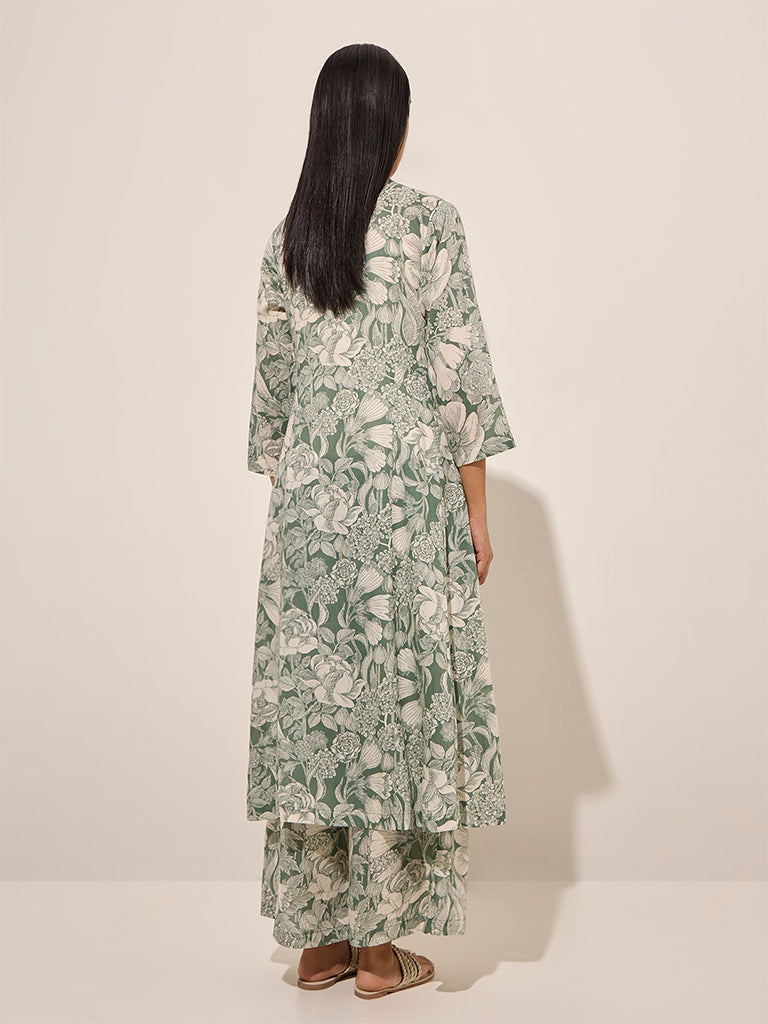 Zuba Green Floral Printed A-Line Kurta