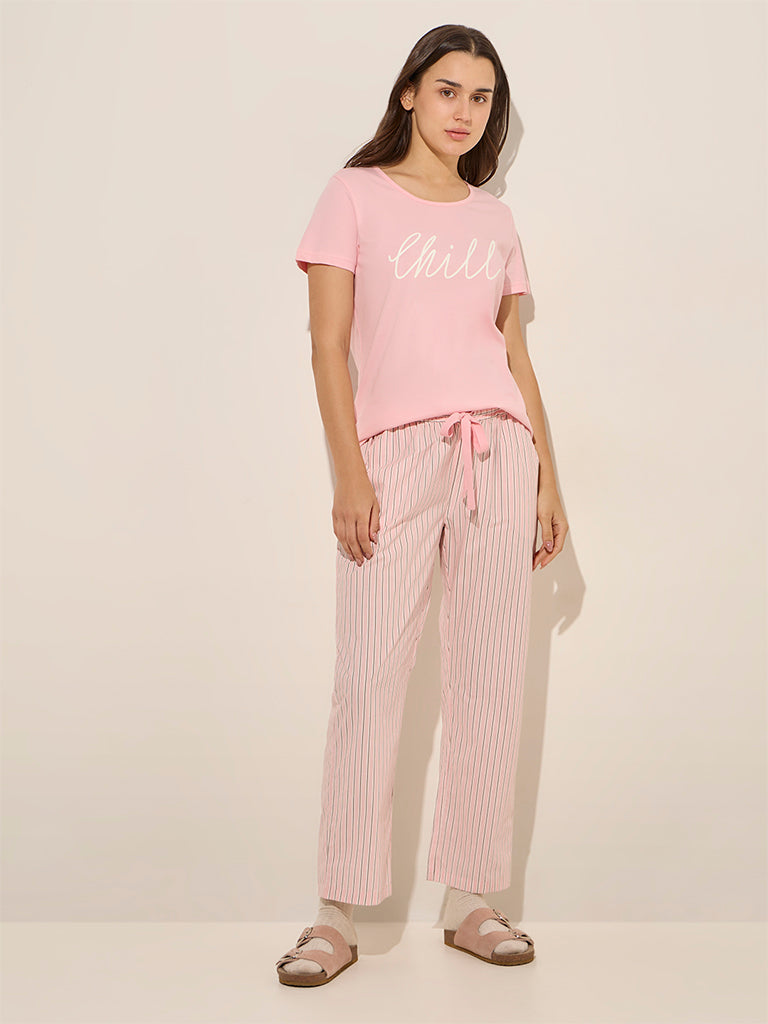 Wunderlove Pink Striped High-Rise Cotton Lounge Pants