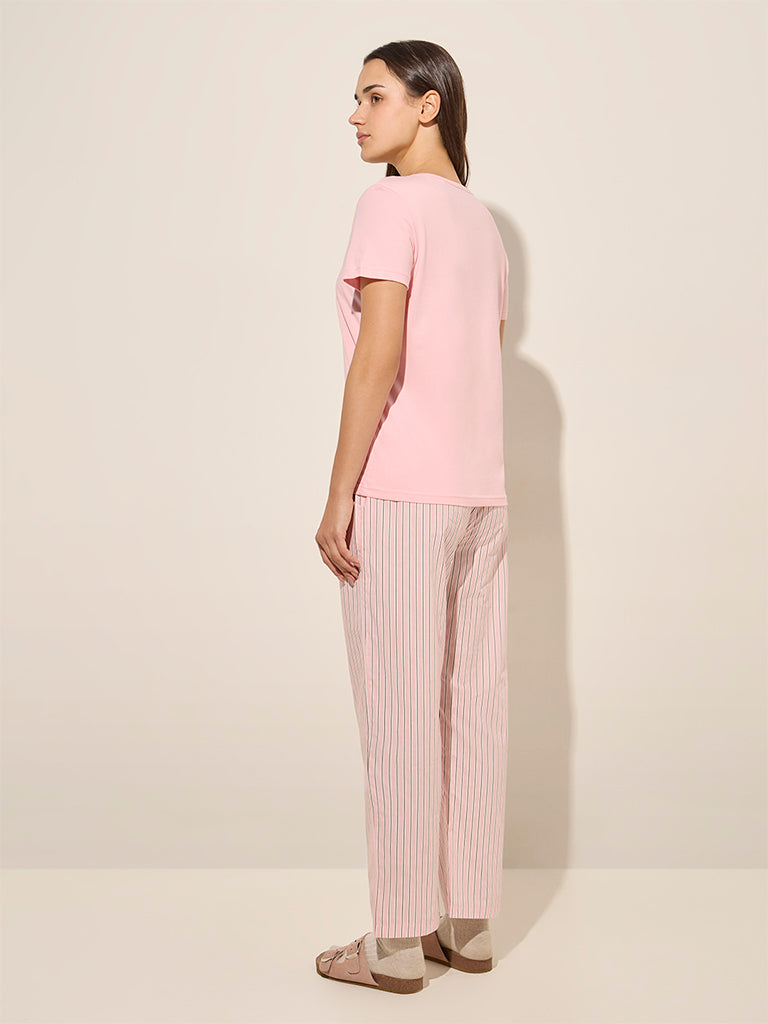 Wunderlove Pink Striped High-Rise Cotton Lounge Pants