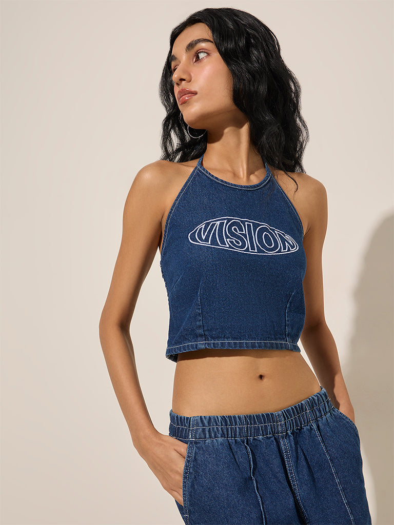 Nuon Dark Blue Text Embroidered Denim Crop Top