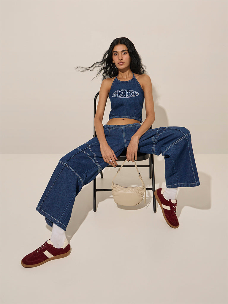 Nuon Dark Blue Text Embroidered Denim Crop Top