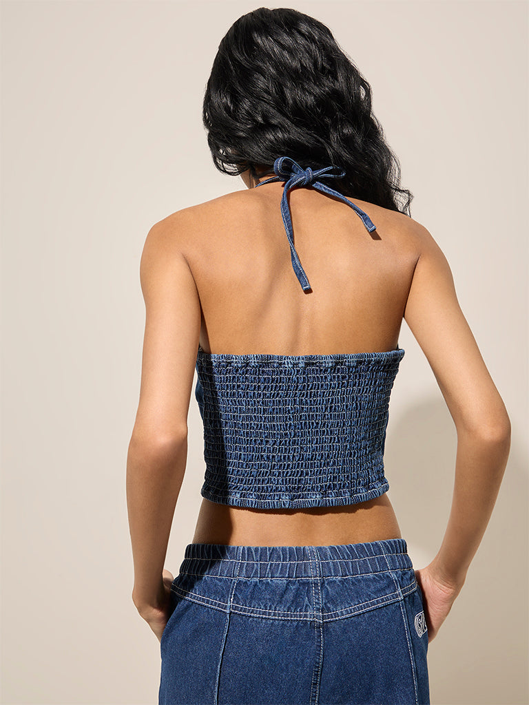 Nuon Dark Blue Text Embroidered Denim Crop Top