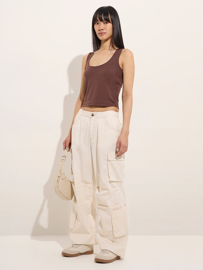 Nuon Off-White Cargo-Style High-Rise Cotton Blend Trousers