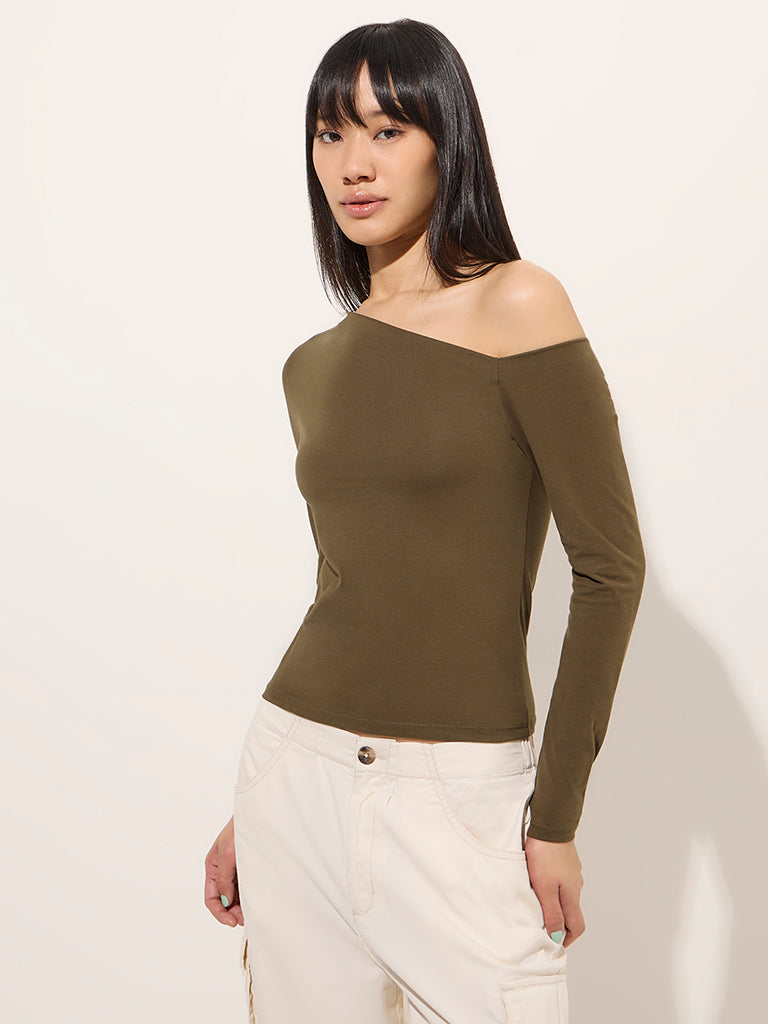 Nuon Olive One-Shoulder Cotton Blend Top