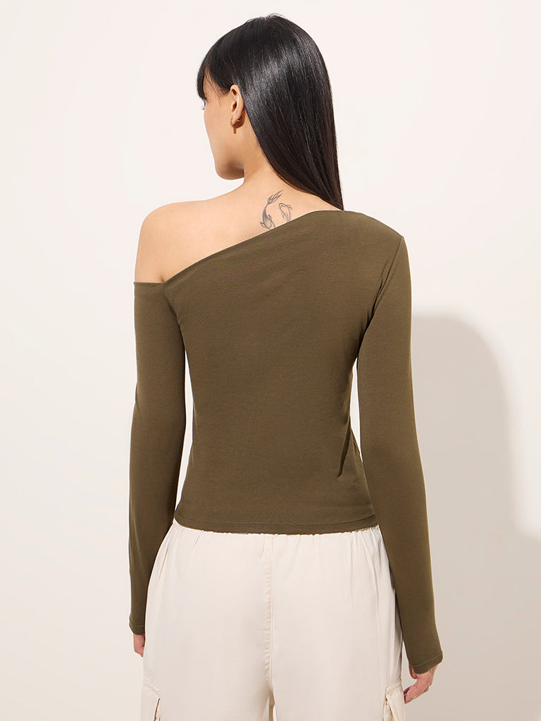 Nuon Olive One-Shoulder Cotton Blend Top