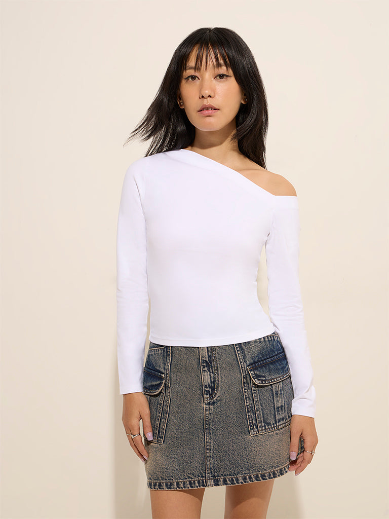 Nuon White Solid One-Shoulder Cotton Top