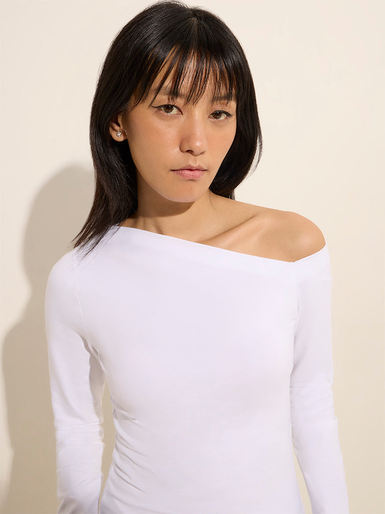 Nuon White Solid One-Shoulder Cotton Top