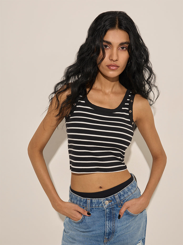 Nuon Black Stripe Printed Cotton-Blend Tank Top