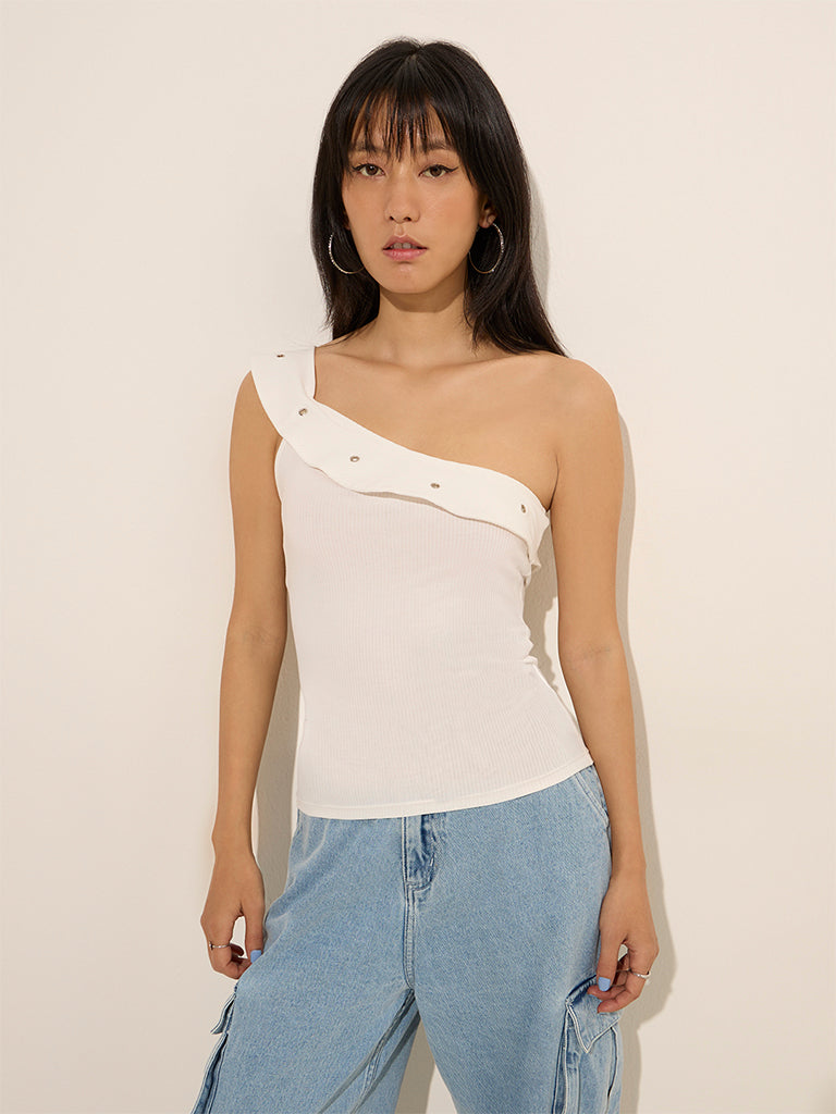 Nuon White Ruffled One-Shoulder Top