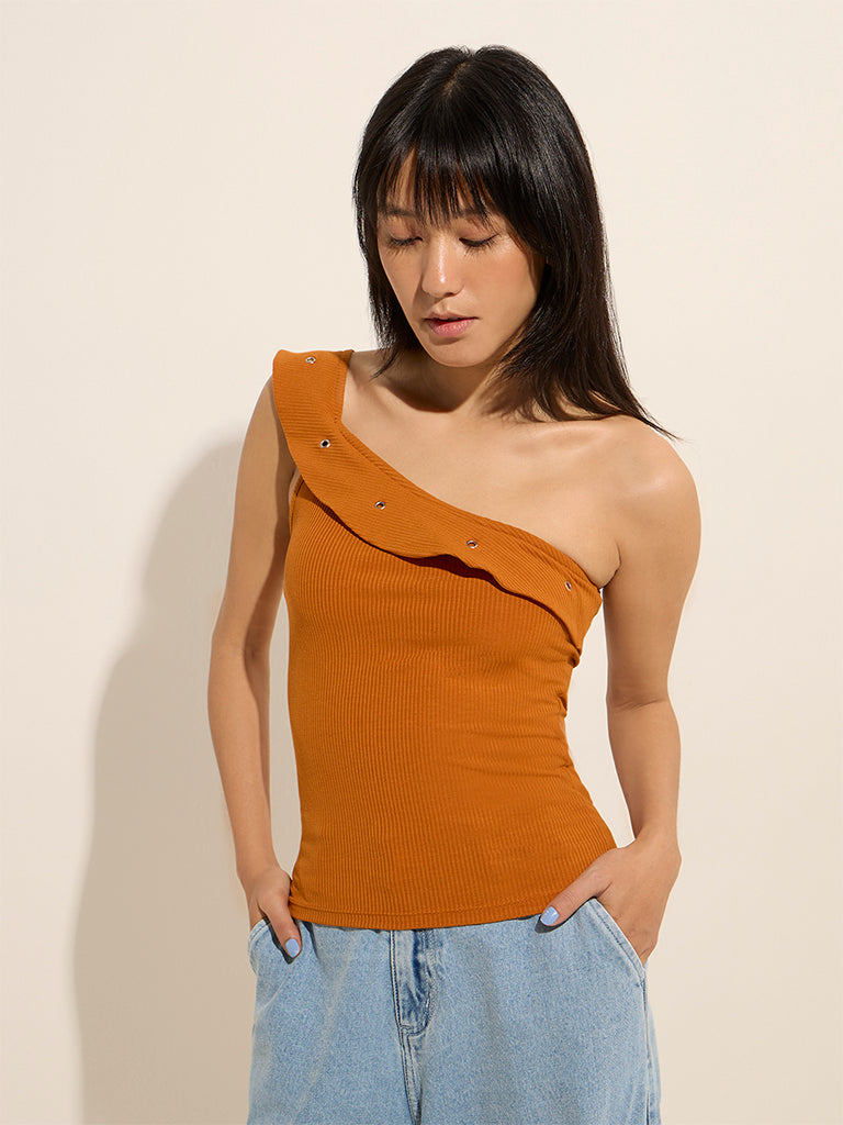 Nuon Orange Ruffled One-Shoulder Top