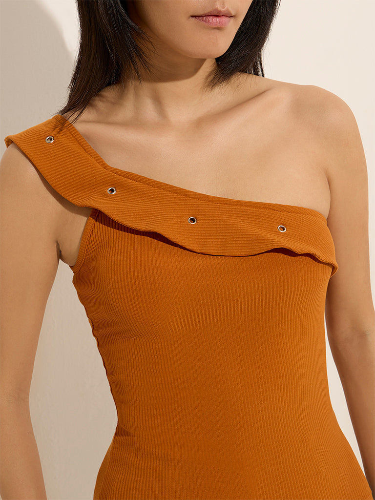 Nuon Orange Ruffled One-Shoulder Top