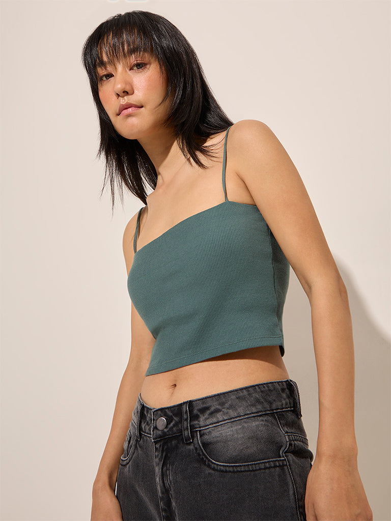 Nuon Teal Ribbed Textured Cotton Blend Top