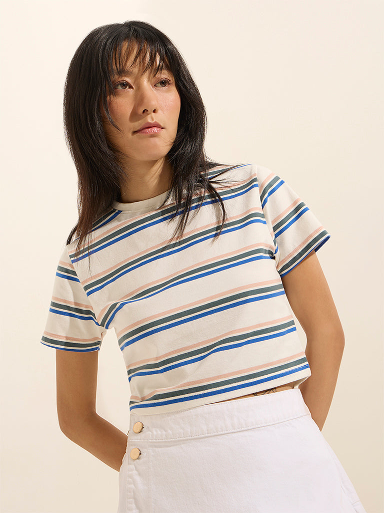 Nuon White Striped Cotton-Blend T-Shirt