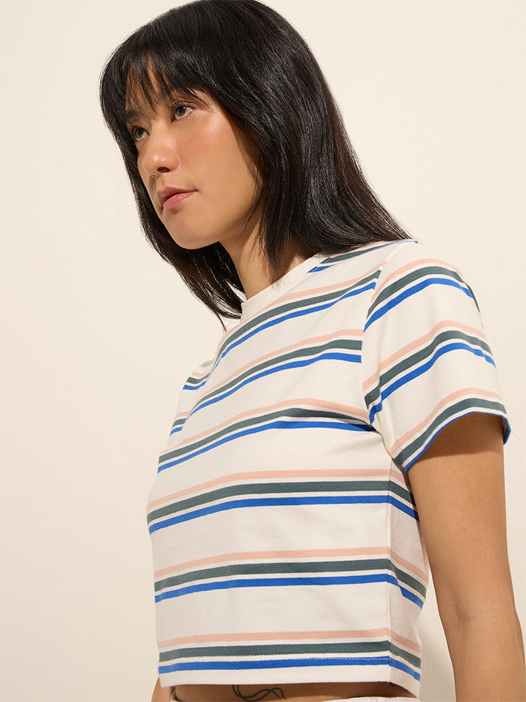 Nuon White Striped Cotton-Blend T-Shirt