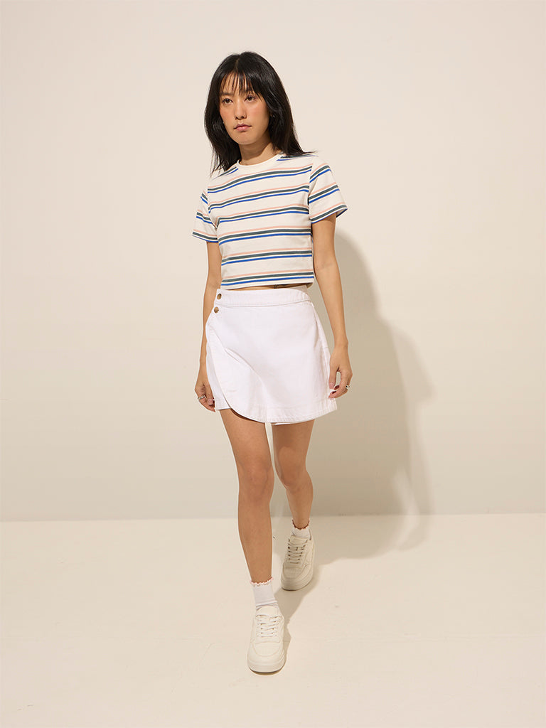 Nuon White Striped Cotton-Blend T-Shirt