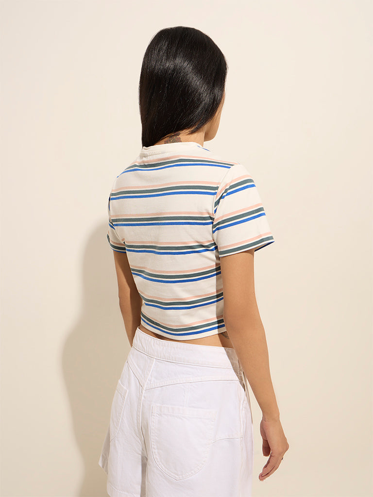 Nuon White Striped Cotton-Blend T-Shirt