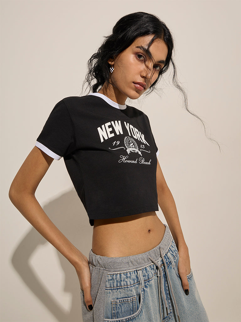 Nuon Black Text Printed Cotton-Blend Crop T-Shirt