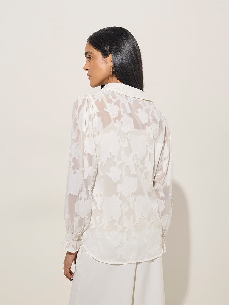 Wardrobe White Floral Design Mesh Shirt With Camisole