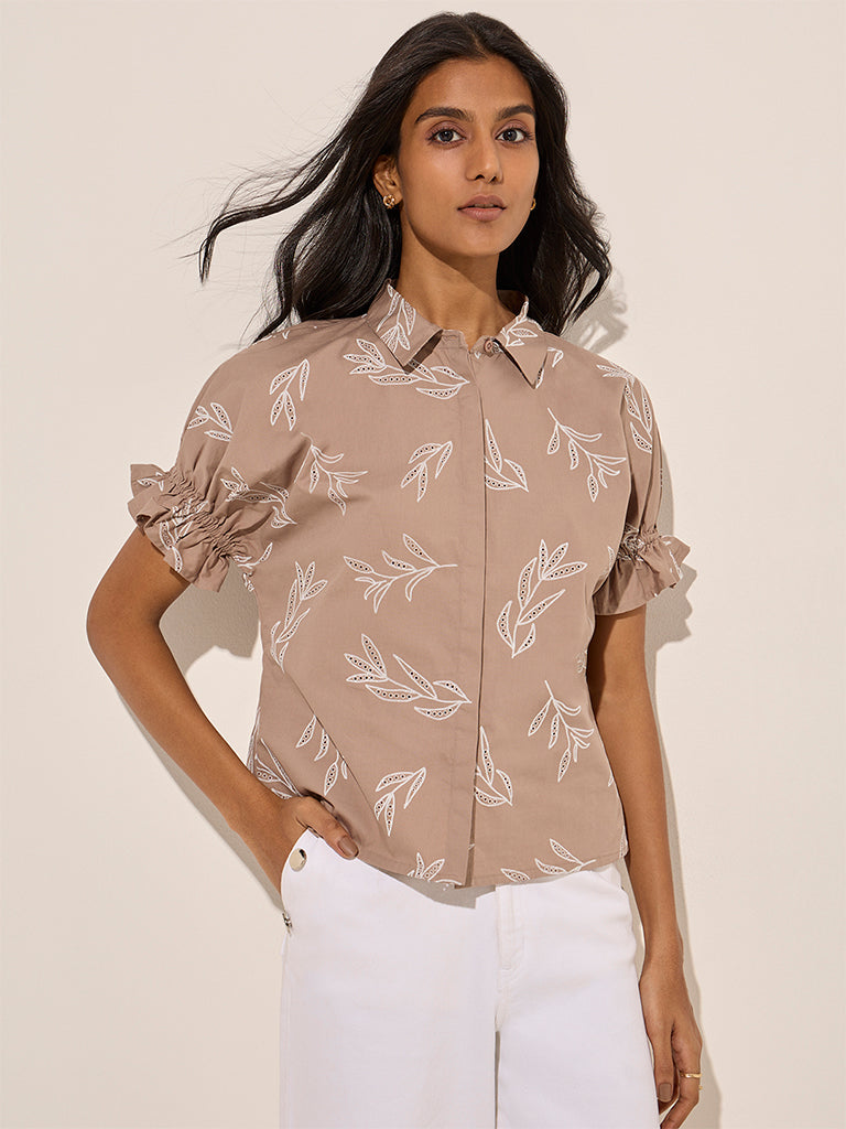 LOV Light Taupe Foliage Printed Shirt