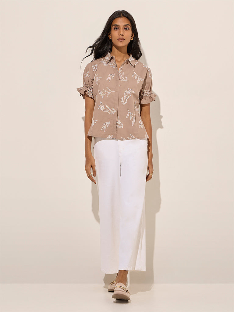 LOV Light Taupe Foliage Printed Shirt