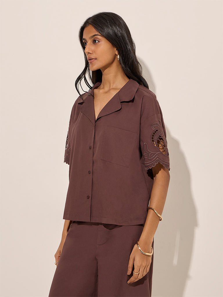 LOV Brown Cut-Out Detailed Cotton Shirt