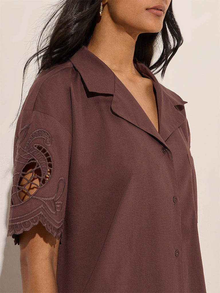 LOV Brown Cut-Out Detailed Cotton Shirt