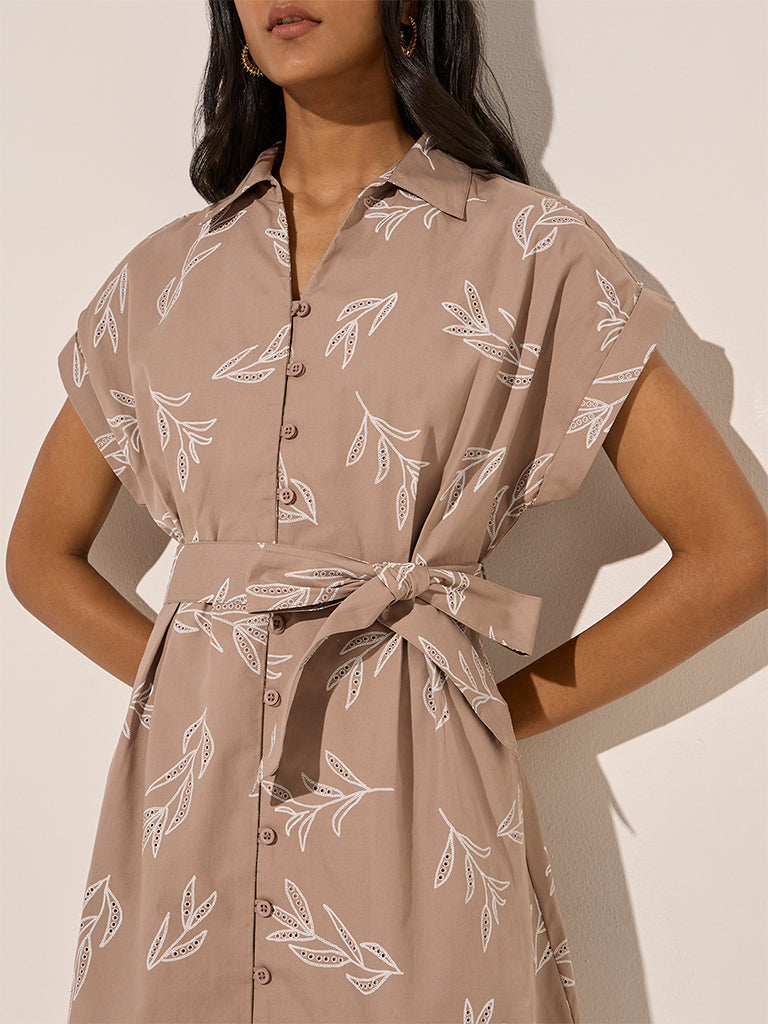 LOV Light Taupe Foliage Printed A-Line Dress with Belt