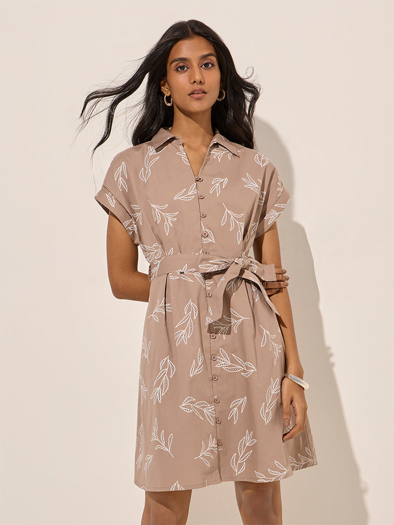 LOV Light Taupe Foliage Printed A-Line Dress with Belt