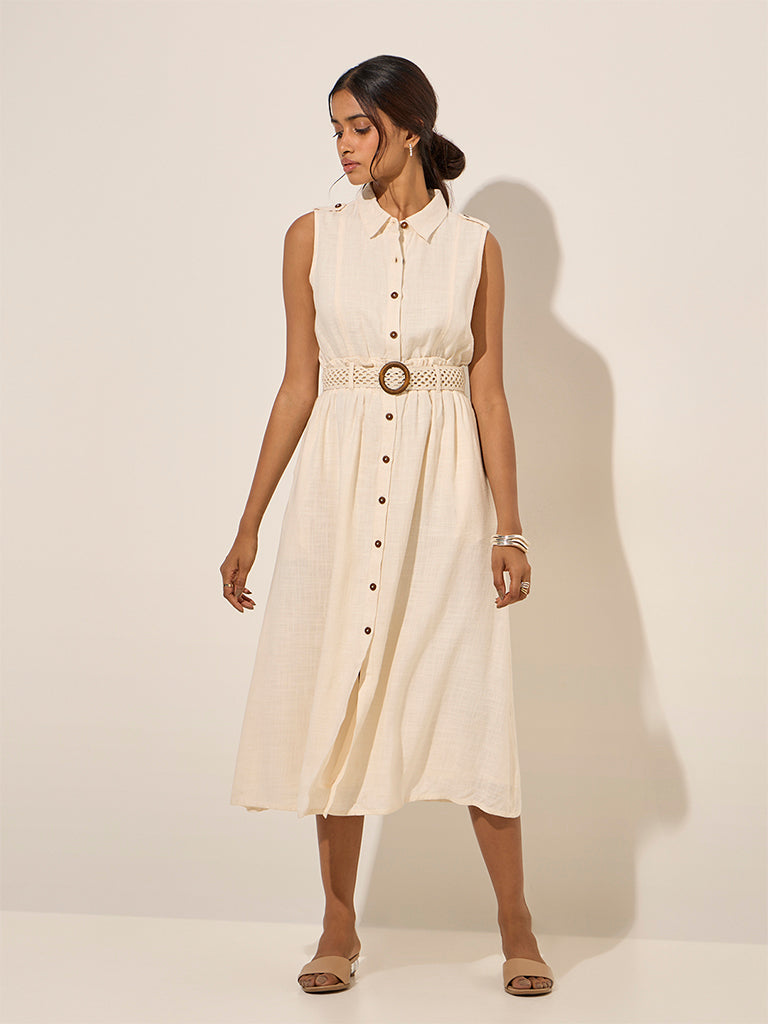 LOV Light Beige Solid Shirt Dress with Belt