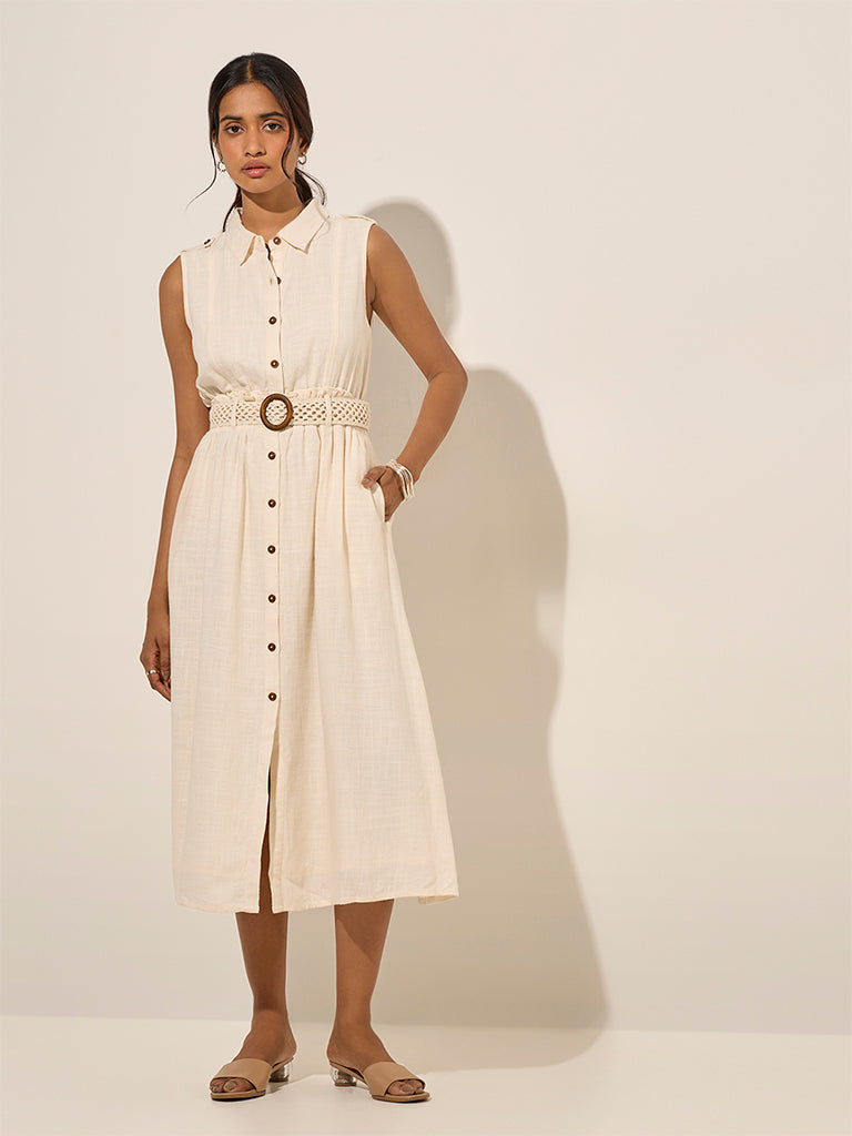 LOV Light Beige Solid Shirt Dress with Belt