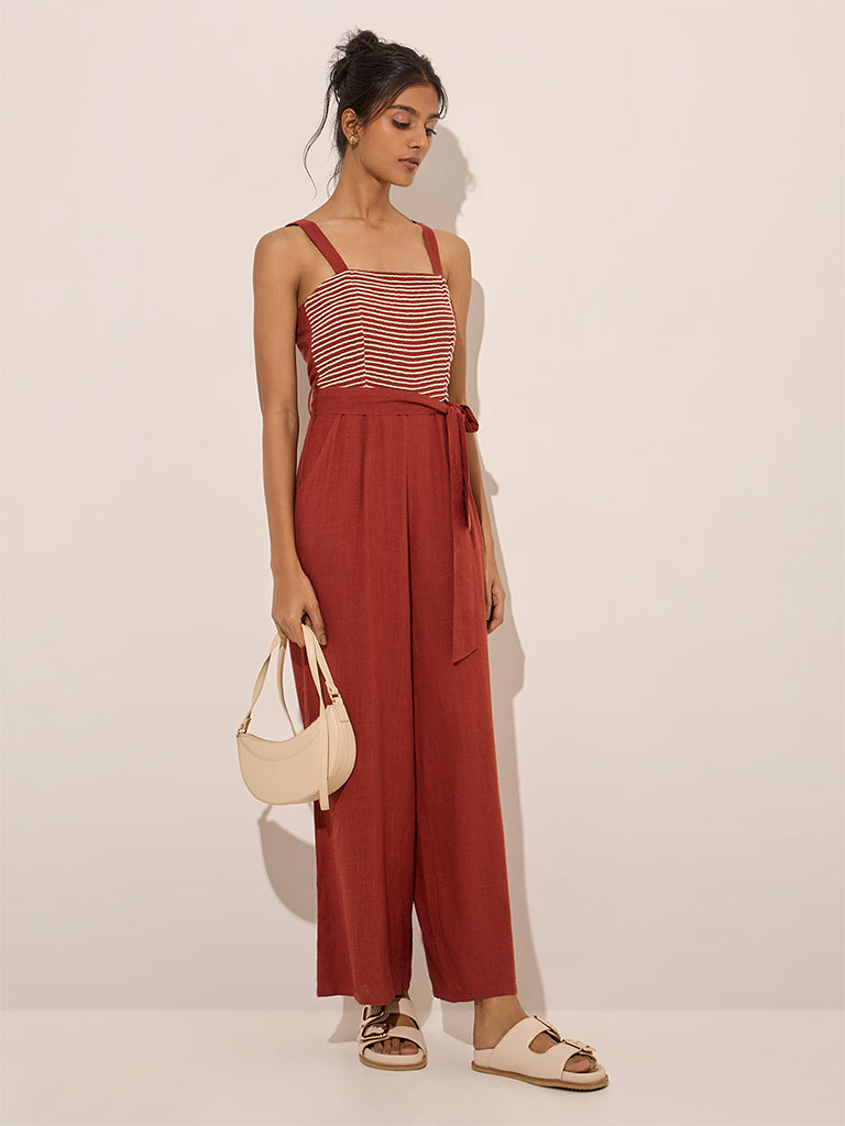 LOV Rust Embroidered Jumpsuit with Belt