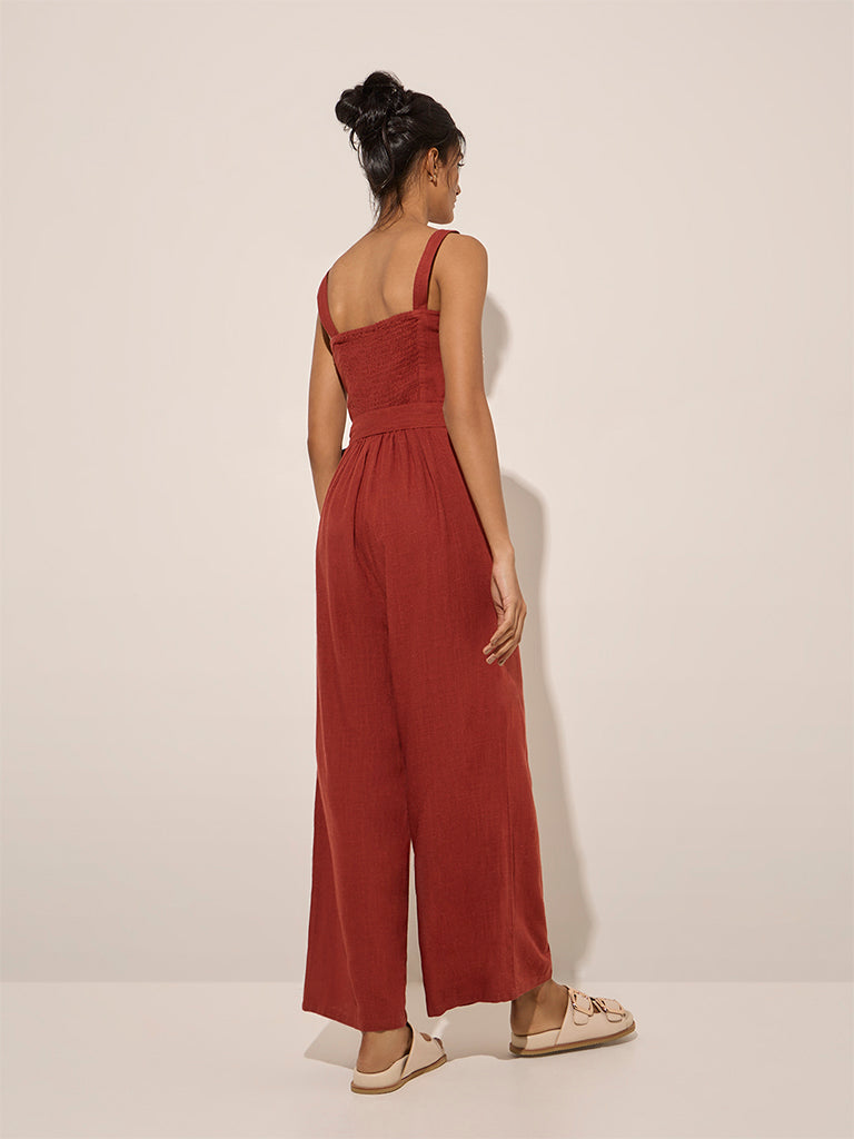 LOV Rust Embroidered Jumpsuit with Belt