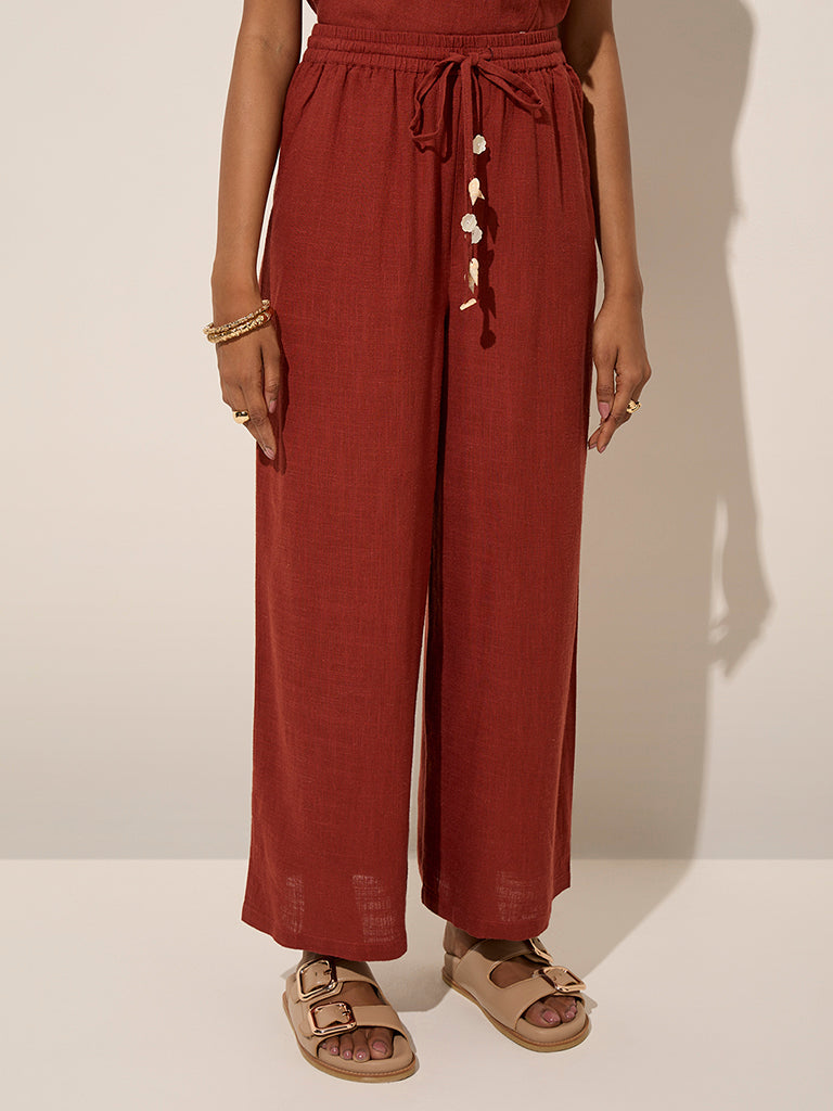 LOV Rust High-Rise Linen-Blend Trousers