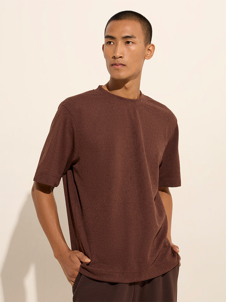 Studiofit Brown Self-Textured Relaxed-Fit T-Shirt