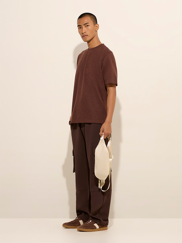 Studiofit Brown Self-Textured Relaxed-Fit T-Shirt