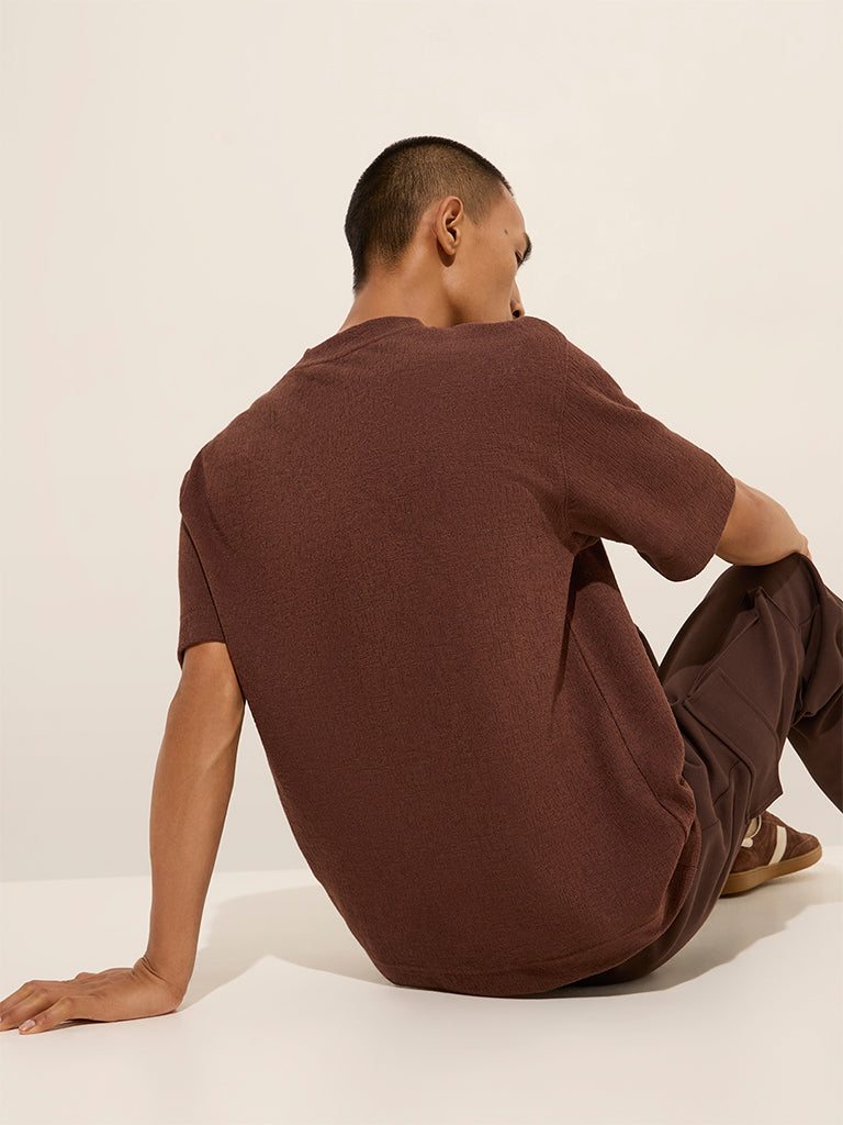 Studiofit Brown Self-Textured Relaxed-Fit T-Shirt