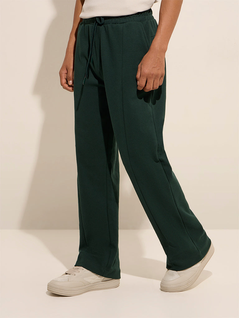 Studiofit Dark Green Relaxed-Fit Mid-Rise Cotton-Blend Track Pants