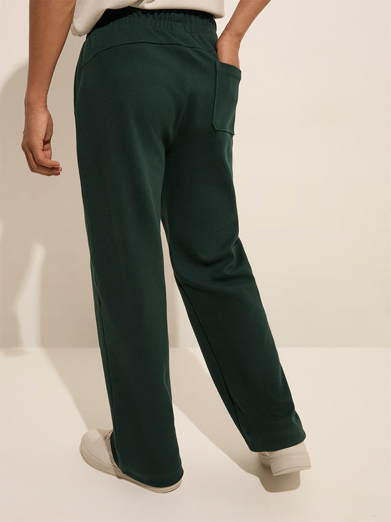 Studiofit Dark Green Relaxed-Fit Mid-Rise Cotton-Blend Track Pants