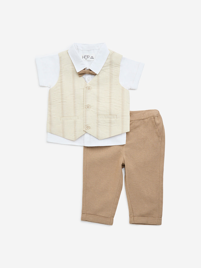 HOP Baby Beige Cotton Shirt, Waistcoat, Trousers and Bow Set