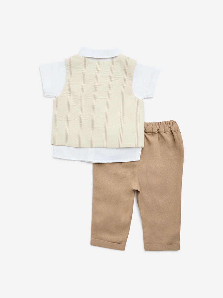 HOP Baby Beige Cotton Shirt, Waistcoat, Trousers and Bow Set