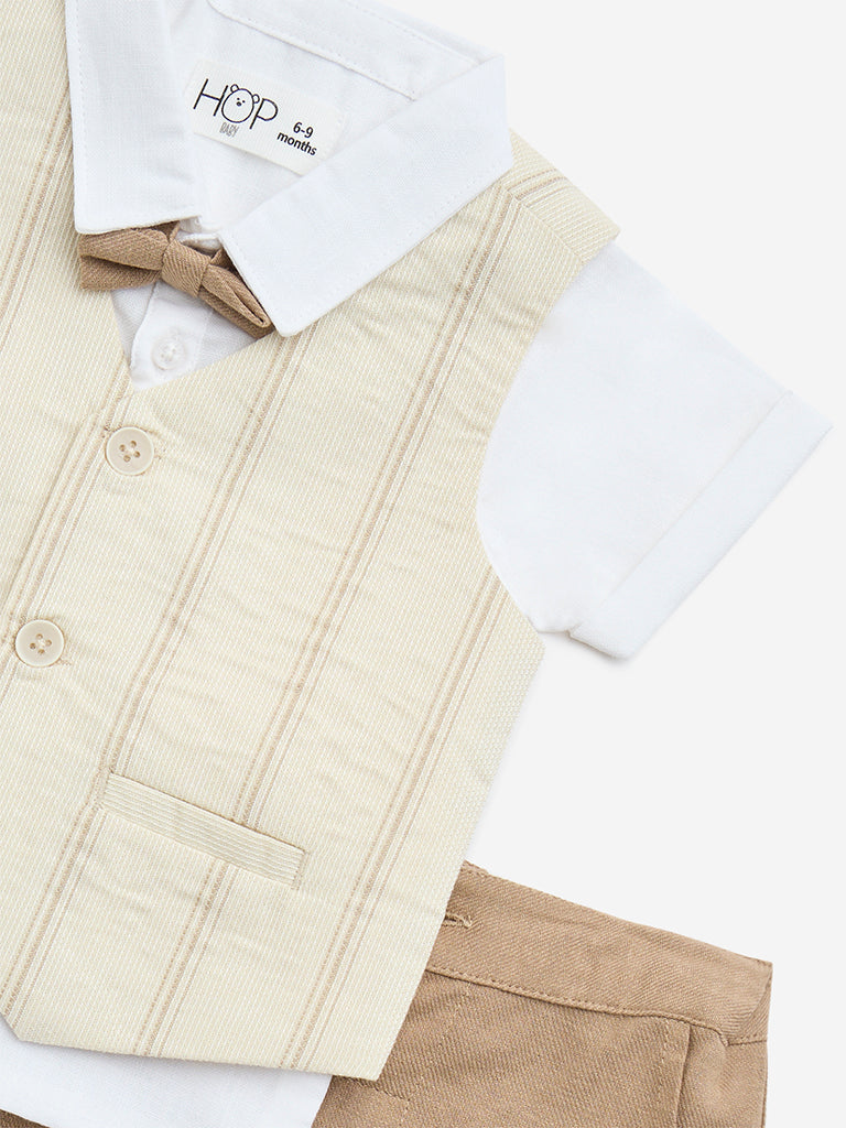 HOP Baby Beige Cotton Shirt, Waistcoat, Trousers and Bow Set