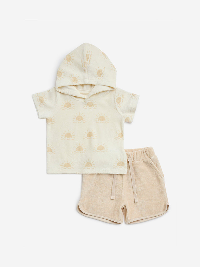 HOP Baby Beige Printed Cotton-Blend Hoodie with Shorts Set