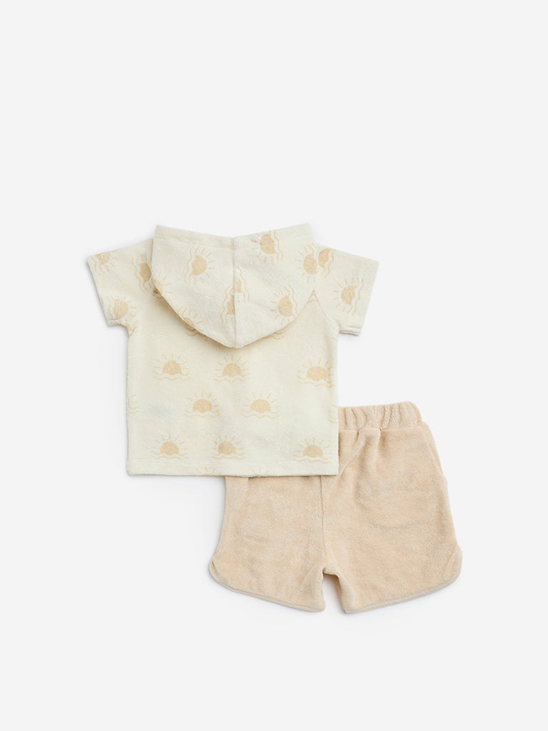 HOP Baby Beige Printed Cotton-Blend Hoodie with Shorts Set