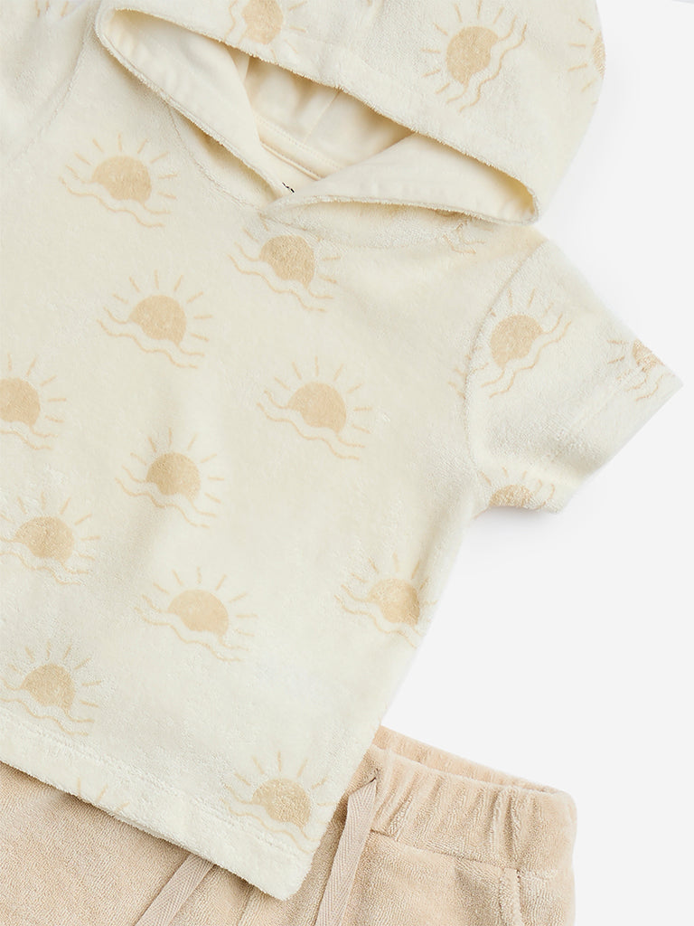 HOP Baby Beige Printed Cotton-Blend Hoodie with Shorts Set