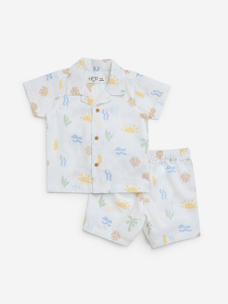 HOP Baby White Tropical-Inspire Cotton Shirt and Shorts Set