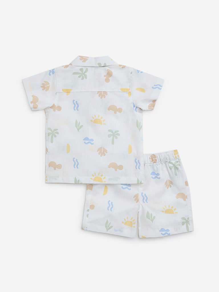 HOP Baby White Tropical-Inspire Cotton Shirt and Shorts Set