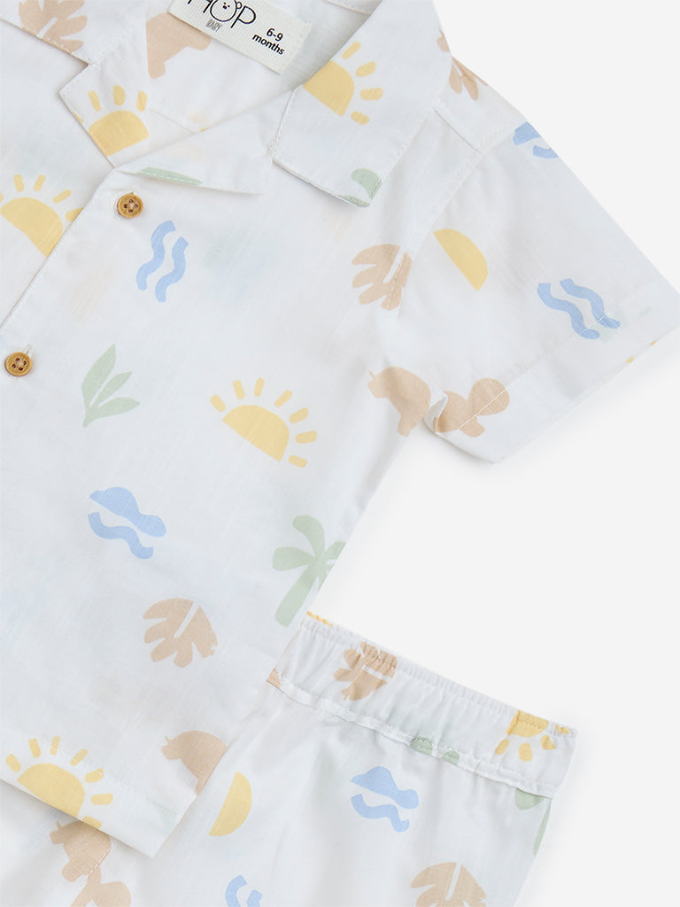 HOP Baby White Tropical-Inspire Cotton Shirt and Shorts Set